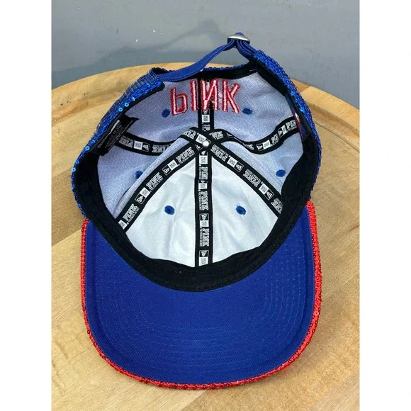 New Era Victoria's Secret PINK Hat Women OS Blue Red Sequin A Logo Strapback - Picture 6 of 8